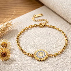 304 Stainless Steel Crystal Rhinestone Sunflower Link Bracelets for Women&nbsp;WGA3B67-01