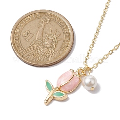 Alloy Enamel Tulip & Round Shell Pearl Pendants Necklaces&nbsp;NJEW-JN04786