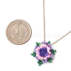 3Pcs 3 Colors Polymer Clay Flower & Glass Seed Beaded Pendant 304 Stainless Steel Cable Chain Necklaces&nbsp;NJEW-MZ00132