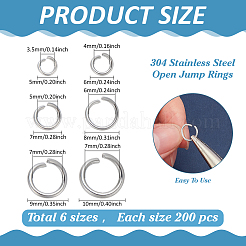 1200Pcs 6 Styles Tarnish Resistant 304 Stainless Steel Open Jump Rings&nbsp;STAS-ME0002-13