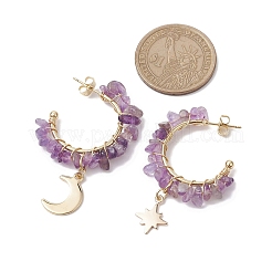 Moon & Star Natural Mixed Gemstone Chip Dangle Half Hoop Earrings&nbsp;EJEW-JE05900