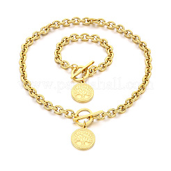 Flat Round with Tree of Life 304 Stainless Steel Pendant Necklaces & Charm Bracelets Sets&nbsp;FS-WG2A73C-04