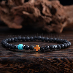 Natural Lava Rock & Synthetic Turquoise Round & Synthetic Non-magnetic Hematite Corss Beaded Stretch Bracelets&nbsp;LS-SL0705