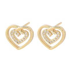 Brass Micro Pave Clear Cubic Zirconia Heart Stud Earrings&nbsp;EJEW-F400-28A-G