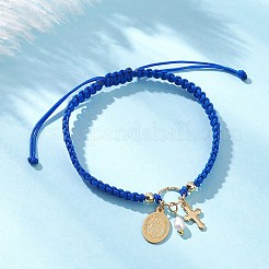 Oval with Virgin Mary & Cross 304 Stainless Steel & Natural Freshwater Pearl Charm Bracelets&nbsp;BJEW-JB12928-01