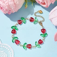 Glass Tulip Flower Beaded Bracelet with 304 Stainless Steel Clasps&nbsp;BJEW-JB09959-02