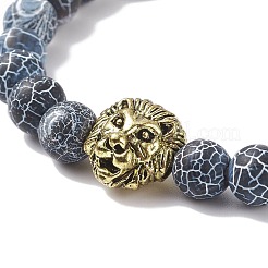 2Pcs 2 Style Natural Weathered Agate(Dyed) & Tiger Eye Round Beaded Stretch Bracelets Set with Alloy Lion&nbsp;BJEW-JB08654