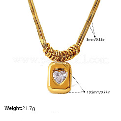 304 Stainless Steel Pave Clear Cubic Zirconia Rectangle with Heart Pendant 2-Strand Round Snake Chain Necklaces for Women&nbsp;WG5F9EA-01