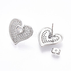 Heart Brass Pave Clear Cubic Zirconia Stud Earrings&nbsp;EJEW-M258-32P