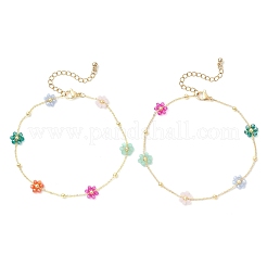 Brass & Glass Beaded Flower Link Chains Anklets&nbsp;AJEW-AN00730