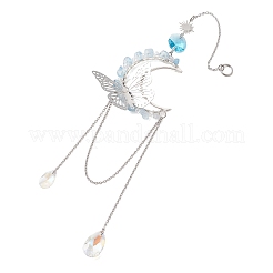 Natural Aquamarine Chips & Brass Moon & 304 Stainless Steel Butterfly Suncatcher&nbsp;HJEW-TA00449-02