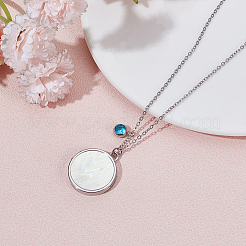 Stainless Steel Pave Natural White Shell Flat Round Magnetic Locket Pendant Necklaces for Women&nbsp;NJEW-NB00013