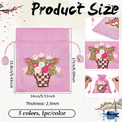 5Pcs 5 Colors 3D Floral Embroidery Polyester Drawstring Bags&nbsp;ABAG-PH0001-89