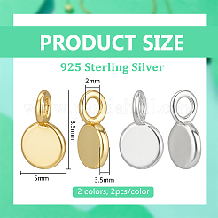 4Pcs 2 Colors 925 Sterling Silver Flat Round Charms&nbsp;STER-BC0004-06