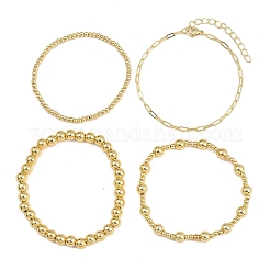 4Pcs 4 Styles Brass Round Beads Stretch Bracelets & Chain Bracelets for Women&nbsp;BJEW-D357-05G
