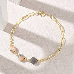 Natural Crazy Agate Faceted Flat Round Beaded Brass Paperclip Chain Bracelets&nbsp;GG-CBA37F5-02G-09