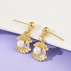 Shell Shape Brass Micro Pave Clear Cubic Zirconia Dangle Stud Earrings&nbsp;EJEW-F895-13G