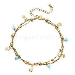 Round Natural Magnesite & Shell Shaped 304 Stainless Steel Charm 2-Strand Anklets for Women&nbsp;AJEW-AN00816-01