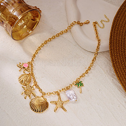 Ocean Alloy Enamel & Imitation Pearl Starfish Shell Shape Multi-Pendant Necklaces for Women&nbsp;WG6FD21-01