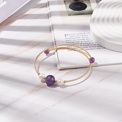 Natural Amethyst & Pearl Round Beaded Bangle&nbsp;BJEW-JB08464-03