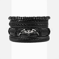 4Pcs 4 Styles Bat Alloy & Wood & Wax Cord & Imitation Leather Braided Bead Bracelets & Stretch Bracelets for Men&nbsp;FS-WG50DFD-01