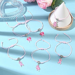 6Pcs 3 Styles Adjustable Alloy Enamel Pink Ribbon Charm Nylon Braided Bracelet Sets&nbsp;BJEW-YW00019