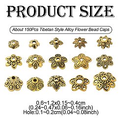 150Pcs 15 Style Tibetan Style Alloy Flower Bead Caps&nbsp;TIBE-YW0001-56