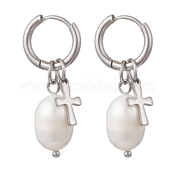 Natural Cultured Freshwater Pearl Rice with Cross Hoop Earrings&nbsp;EJEW-JE06744