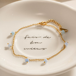 Natural Blue Stone Round Tassel 304 Stainless Steel Chain Anklets for Women&nbsp;FS-WG778EB-01