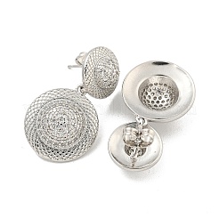 Flat Round Brass Pave Clear Cubic Zirconia Dangle Stud Earrings&nbsp;EJEW-M258-30P