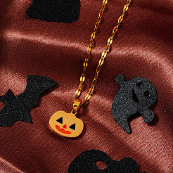 304 Stainless Steel Enamel Halloween Pumpkin Pendant Dapped Chain Necklaces&nbsp;DY1462