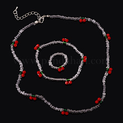 Cherry Glass Seed Beaded Necklaces & Bracelet & Finger Ring Sets for Women&nbsp;SJEW-TA0001-07