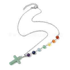 Chakra Natural Green Aventurine Religion Cross Pendant 304 Stainless Steel Cable Chain Necklaces for Women&nbsp;NJEW-JN06268-01