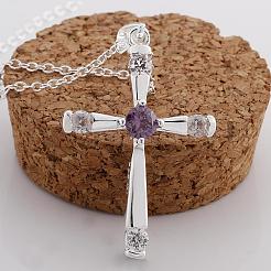 Silver Color Plated Brass Cubic Zirconia Cross Pendant Necklaces&nbsp;NJEW-BB09493