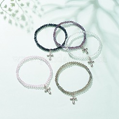 Glass Round Beaded Stretch Bracelet with Alloy Cross Charm for Women&nbsp;BJEW-JB08509