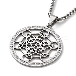Crystal Rhinestone Flat Round with Hexgon Pendant Necklace with 201 Stainless Steel Box Chains&nbsp;NJEW-K253-11P
