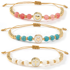 3Pcs Minimalist Adjustable Synthetic Turquoise & Watermelon Stone Glass & Natural Shell Beads Braided Bead Bracelets&nbsp;SR5600-5