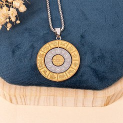 201 Stainless Steel Flat Round 12 Chinese Zodiac Pendant Box Chain Necklaces for Women Men&nbsp;PW-WG0711E-01