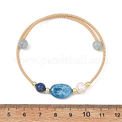 Round & Oval Natural Apatite & Lapis Lazuli & Dyed Quartz & Cultured Freshwater Pearl & Non-magnetic Synthetic Hematite Beaded Bangles&nbsp;BJEW-JB14080-01