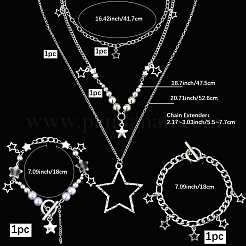 Star Iron Chains Charm Bracelets & Zinc Alloy Star Pendant 3 Layered Necklaces for Women&nbsp;SJEW-SC0001-02