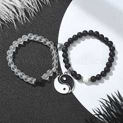 2Pcs 2 Style Glass & Natural Lava Rock Round Beaded Stretch Bracelets Set&nbsp;BJEW-JB09847