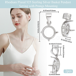 2Pcs Rhodium Plated 925 Sterling Silver Basket Pendant Settings&nbsp;STER-BBC0008-80
