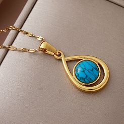 Vintage 304 Stainless Steel & Dyed Synthetic Turquoise Teardrop Pendant Necklaces for Women&nbsp;LS-IA9439