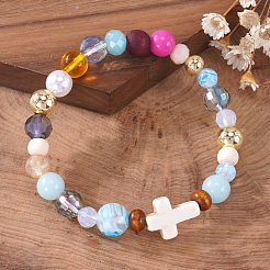 Synthetic Howlite & Glass & Plastic & Zinc Alloy & Brass & Wood Beads Stretch Bracelets for Women&nbsp;JJ5284