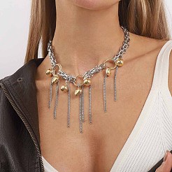 Brass & Alloy Round Ball Chain Tassel Bib Necklaces for Women&nbsp;WGA86A7-01
