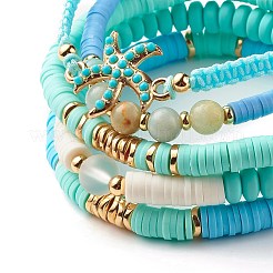 Round Stone & Polymer Clay Heishi Beads Stretch Bracelets Sets&nbsp;BJEW-JB07436