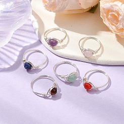 Round Natural Amethyst/Green Aventurine/Carnelian/Rose Quartz/Tiger Eye/Lapis Lazuli Braided Finger Ring&nbsp;RJEW-JR00743-01
