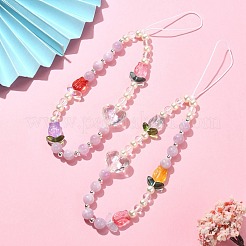 Tulip & Heart Natural Kunzite/Quartz Crystal & Glass Beaded Mobile Straps&nbsp;HJEW-TA00041