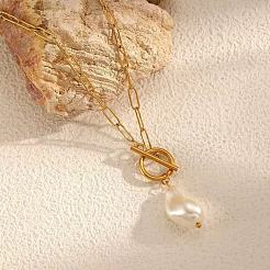 Imitation Pearl Nuggets Pendant Stainless Steel Paperclip Chain OT Necklaces for Women&nbsp;QA2492