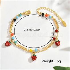 Bohemian Brass Enamel Red Strawberry Charm Plastic Beaded Chain Double Layer Anklets for Beach Vacation&nbsp;ZF7781-1
